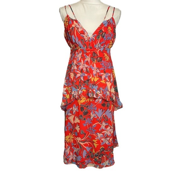 NWT 19 Cooper Red Tropical Floral Strappy Tiered Ruffle Midi Dress V-Neck New - Picture 1 of 6